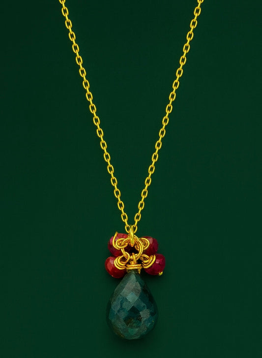 Gümüş Kök Zümrüt ve Kök Yakut Taşlı Kolye