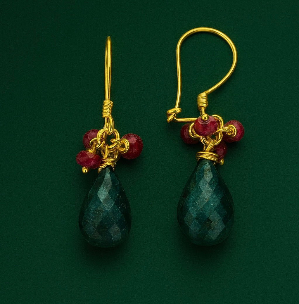 Gümüş Altın Yaldızlı Kök Zümrüt ve Kök Yakut Doğal Taşlı Damla Küpe